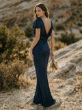 Sheath/Column Scoop Neck Short Sleeves Silk Like Satin Bridesmaid Dresses