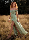 Trumpet/Mermaid Off-The-Shoulder Floor-Length Crepe Satin Bridesmaid Dresses With High Split