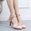 Round Toe Buckle Silk Satin Dance Shoes With Ankle Strap Heel