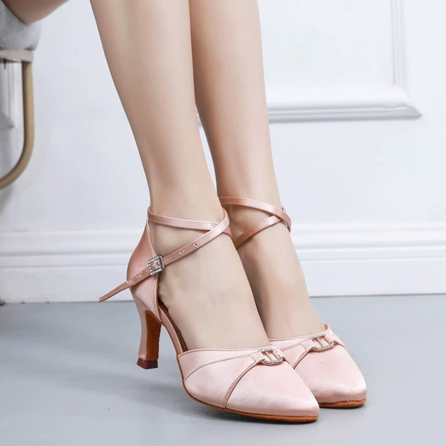 Round Toe Buckle Silk Satin Dance Shoes With Ankle Strap Heel