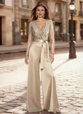 Jumpsuit/Pantsuit V-Neck Long Sleeves Floor-Length Sequined/Crepe Satin Mother Of The Bride Dresses With Sequins