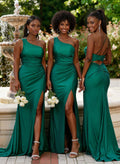 Trumpet Mermaid One-Shoulder Sleeveless Sweep Train Jersey Evening Dresses With Split Front