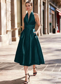 A-Line Halter Sleeveless Tea-Length Satin Mother Of The Bride Dresses With Pockets