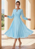 A-Line Scoop Neck Long Sleeves Chiffon Cocktail Dresses With Beading