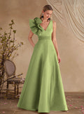 A-Line V-Neck Sleeveless Floor-Length Lace Satin Evening Dresses With Shoulder Ruffle