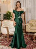 Trumpet Mermaid Off-The-Shoulder Sleeveless Sweep Train Satin Evening Dresses With Cascading Ruffles Rhinestone