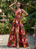 A-Line V-Neck Sleeveless Floor-Length Twill Satin Prom Dresses With Floral-Print/Split Front