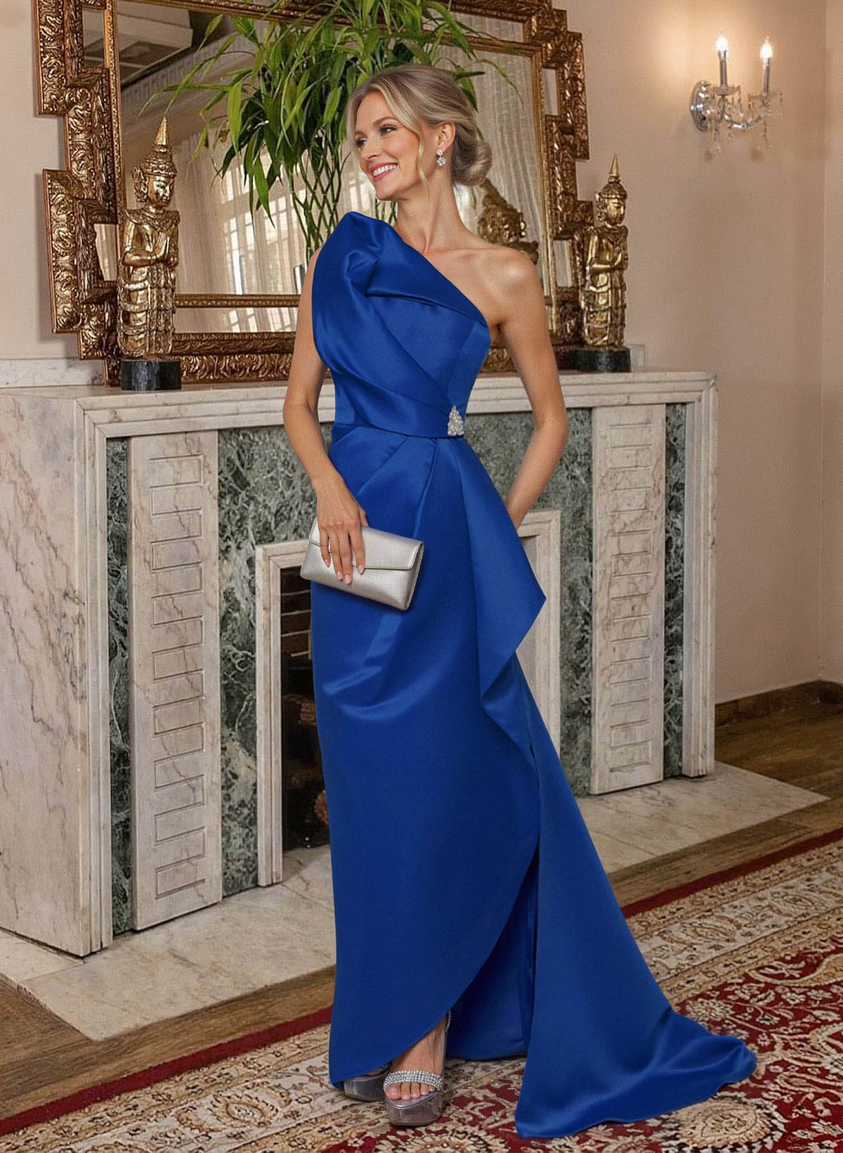A-Line One-Shoulder Sweep Train Satin Mother Of The Bride Dresses With Shoulder Ruffle