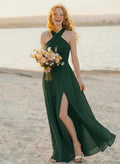 Sheath/Column Halter Sleeveless Floor-Length Chiffon Bridesmaid Dresses With High Split