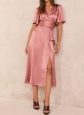 A-Line V-Neck Short Sleeves Tea-Length Silk Like Satin Evening Dresses With Split Front/Sash