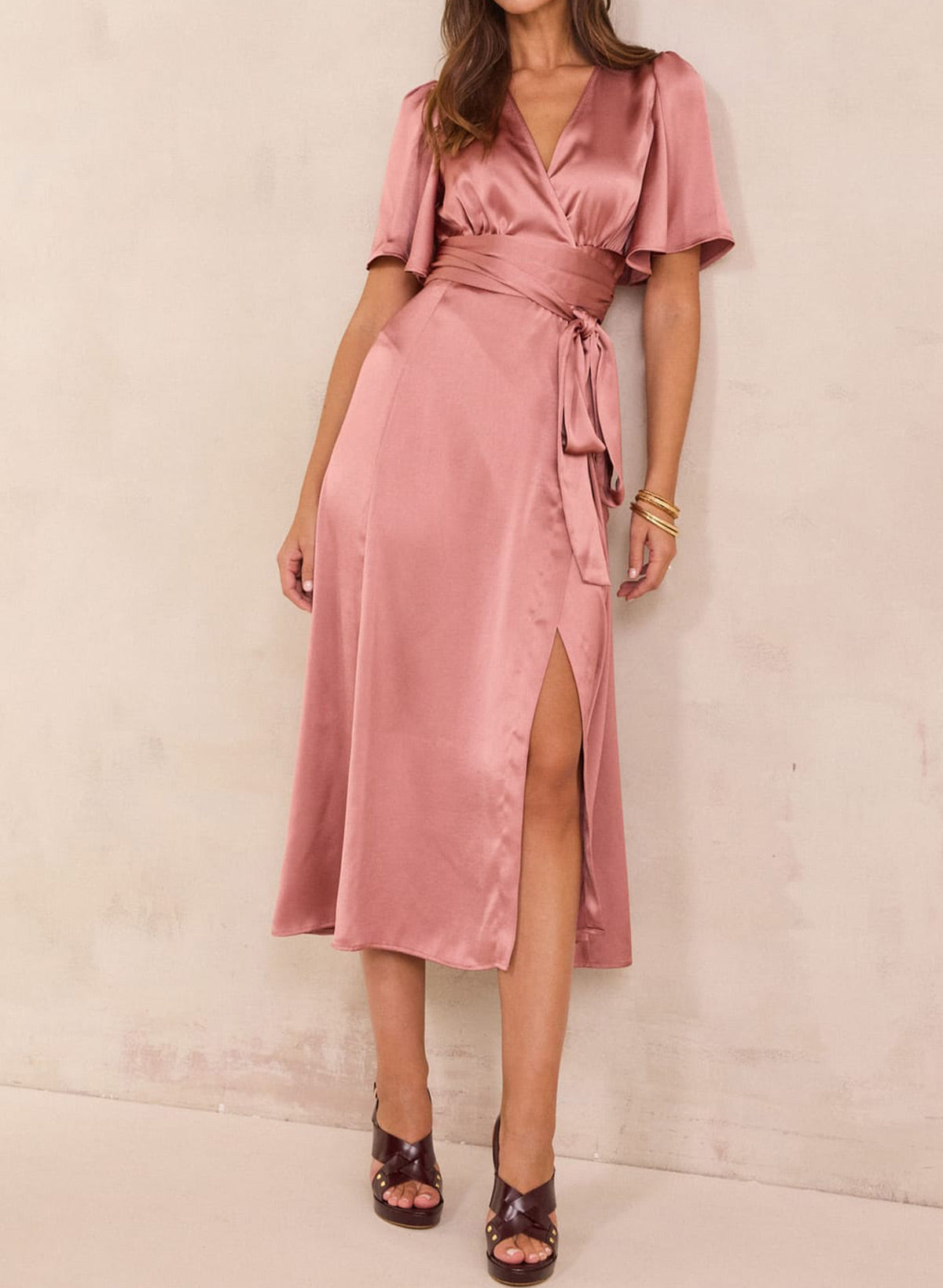 A-Line V-Neck Short Sleeves Tea-Length Silk Like Satin Evening Dresses With Split Front/Sash