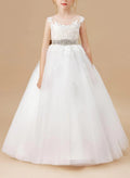 A-Line Illusion Neck Cape Sleeves Floor-Length Lace/Satin Flower Girl Dresses With Rhinestone