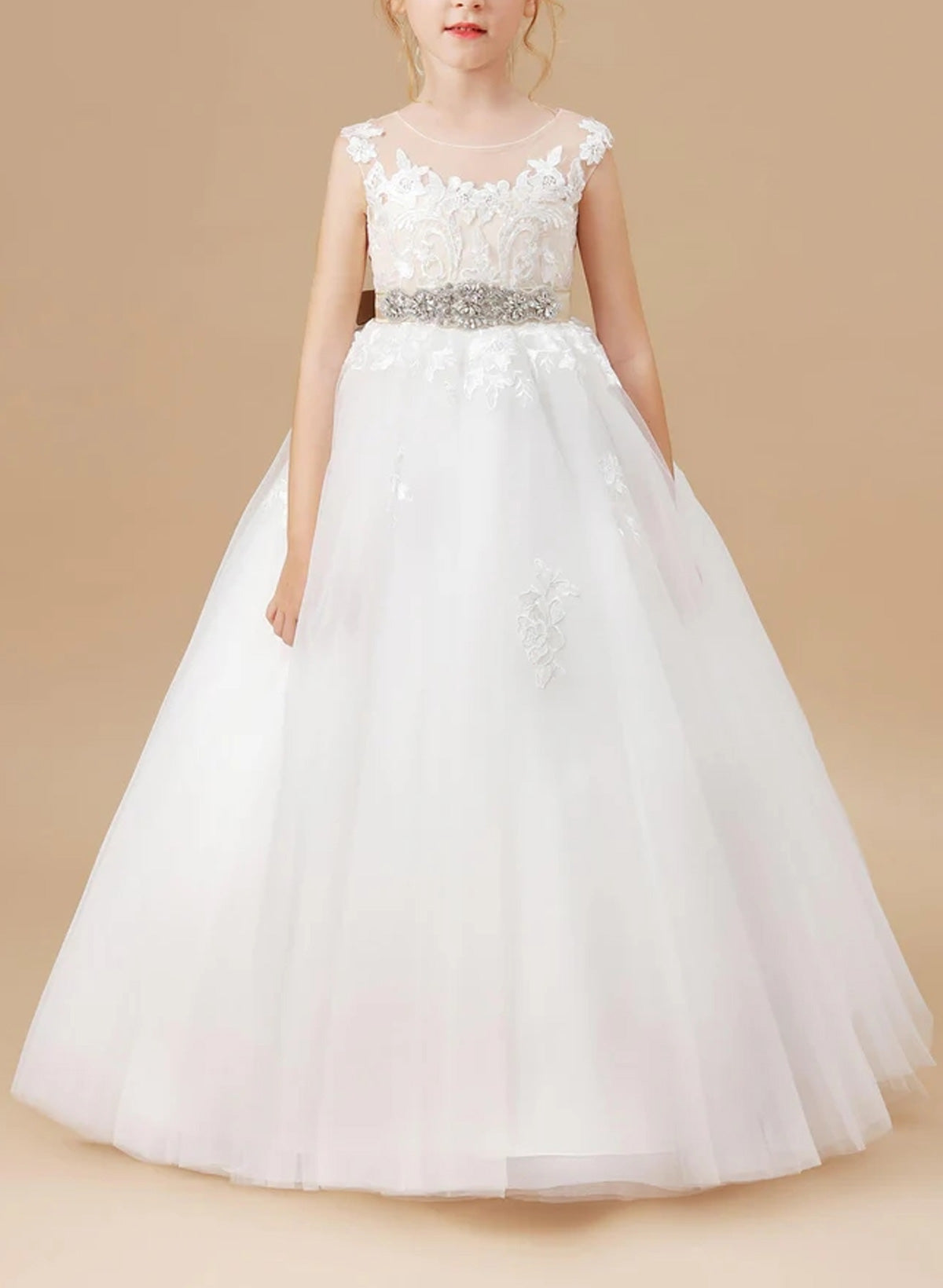 A-Line Illusion Neck Cape Sleeves Floor-Length Lace/Satin Flower Girl Dresses With Rhinestone