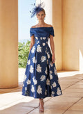 A-Line Off-The-Shoulder Short Sleeves Ankle-Length Satin Mother Of The Bride Dresses With Floral-Print