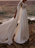 A-Line Cowl Neck Sleeveless Sweep Train Stretch Satin Bride Wedding Dress With Pockets/Detachable Shawl