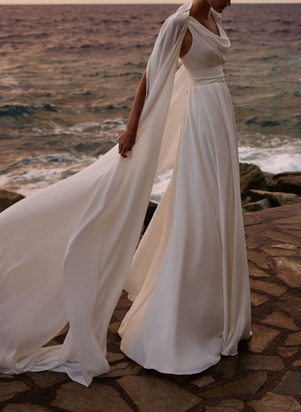A-Line Cowl Neck Sleeveless Sweep Train Stretch Satin Bride Wedding Dress With Pockets/Detachable Shawl