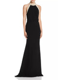 Sheath/Column Halter Sweep Train Elastic Satin Evening Dresses With Rhinestone