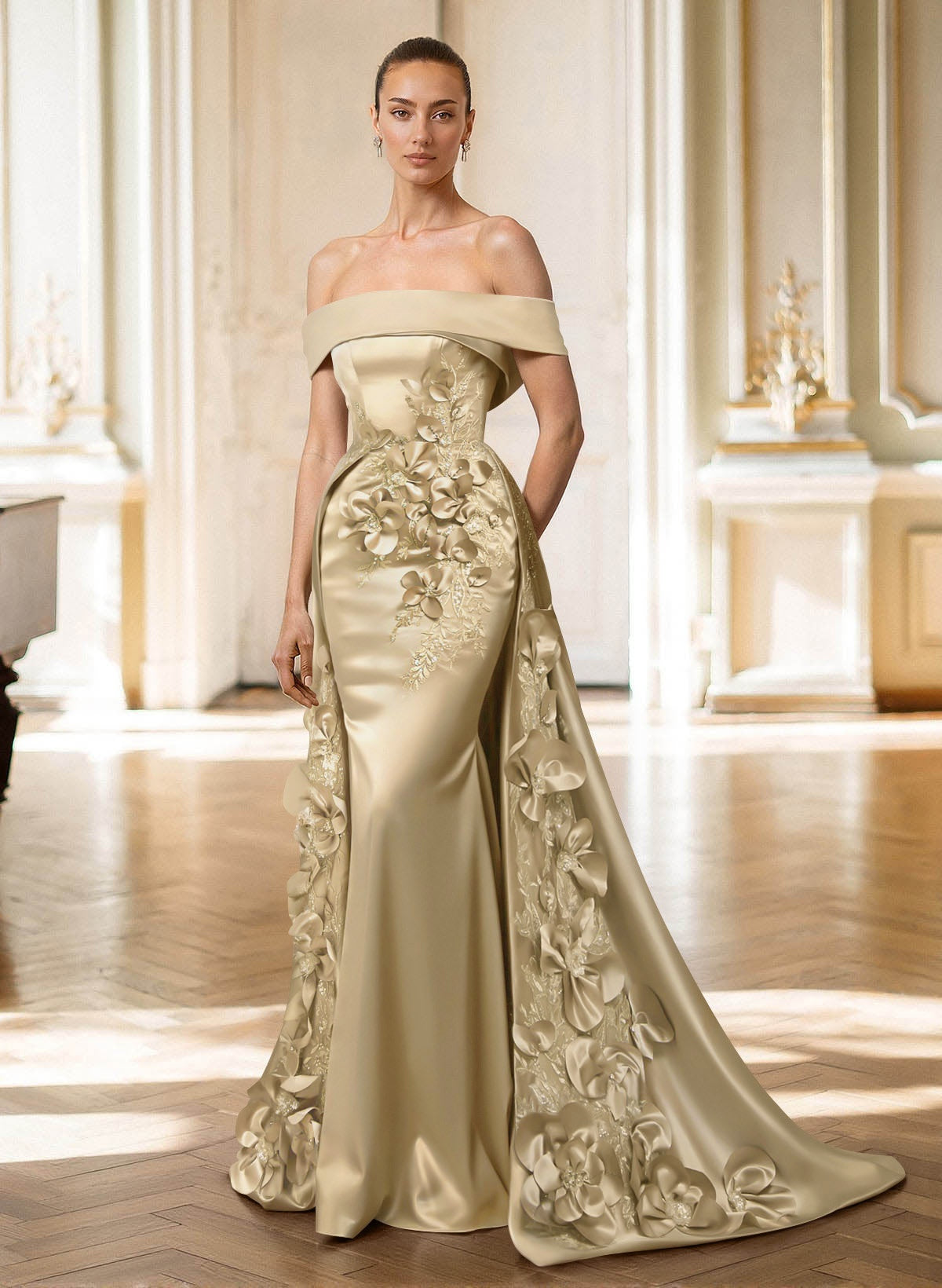 Trumpet/Mermaid Off-The-Shoulder Sweep Train Satin Evening Dresses With Overskirt Dress