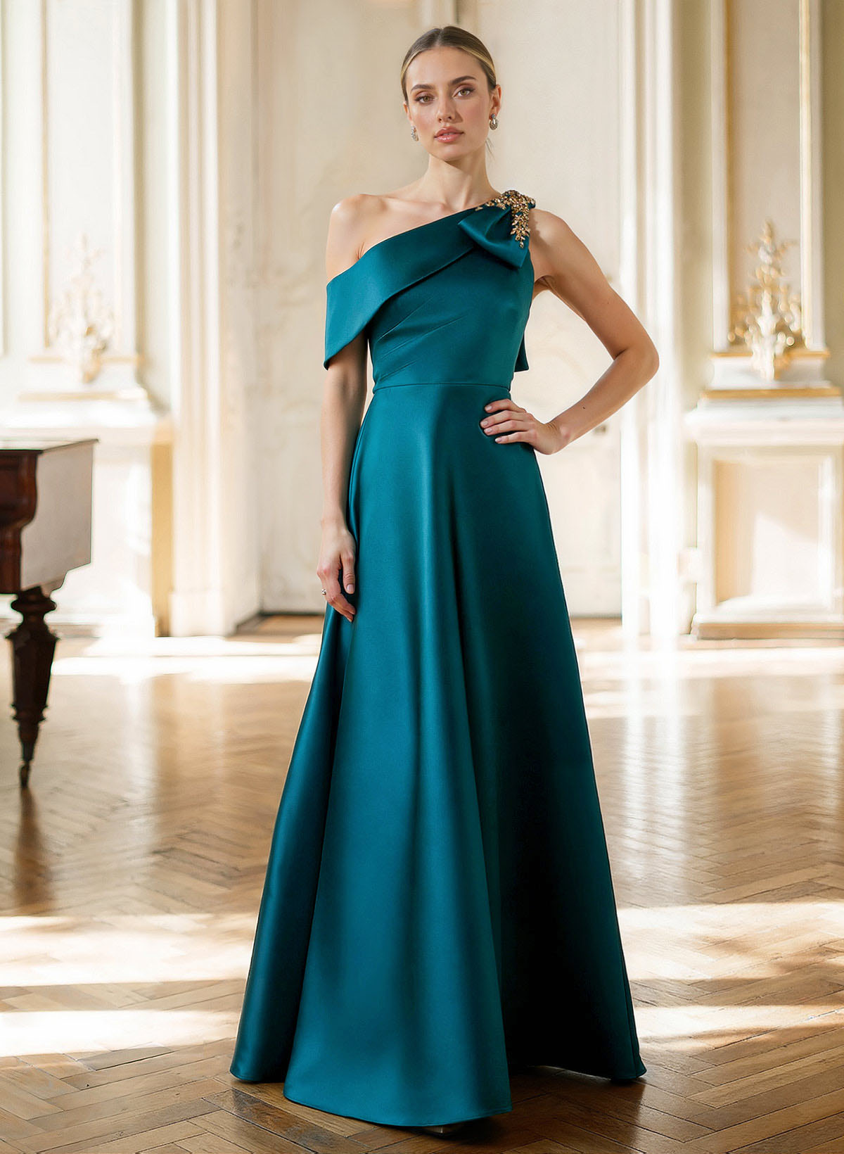A-Line Asymmetrical Sleeveless Floor-Length Satin(Non-Stretch) Evening Dresses With Rhinestone Shoulder Ruffle