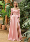 A-Line Off-The-Shoulder 3/4 Sleeves Floor-Length Crepe Satin Mother Of The Bride Dresses With Pockets/High Split