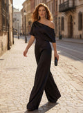 Elegant Asymmetrical Neck Floor-Length Silk Like Satin Mother Of The Bride Jumpsuit