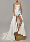 A-Line Sweetheart Sleeveless Chapel Train Satin Bride Wedding Dress With Pockets