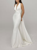Trumpet/Mermaid Halter/Plunge Neck Sleeveless Detachable Trail Matte Satin Bride Wedding Dress