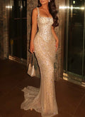 Illusion & Sheer Trumpet/Mermaid Square Neckline Sleeveless Sweep Train Prom Dresses With Rhinestone