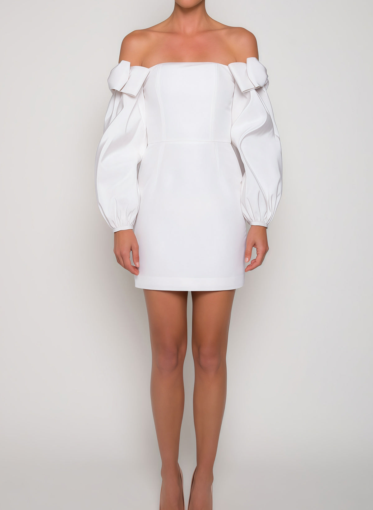 Sheath/Column Off-The-Shoulder Long Sleeves Short/Mini Elastic Satin Bride Wedding Dress With Bow(s)