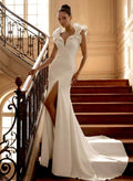 Sheath/Column V-Neck Sleeveless Chapel Train Elastic Satin Wedding Dresses With Shoulder Ruffle