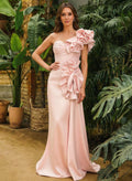 Sheath Column One-Shoulder Sleeveless Sweep Train Matte Satin Mother Of The Bride Dresses With Ruffle Beading Sweeping Side Drape