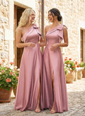 A-Line One-Shoulder Sleeveless Split Front Floor-Length Satin Bridesmaid Dress With Bow
