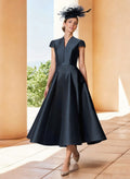 A-Line V-Neck Short Sleeves Tea-Length Satin Mother Of The Bride Dresses