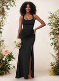 Sheath/Column Square Neckline Crepe Satin Bridesmaid Dresses With High Split