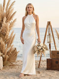 Minimalistic Bow Accented Halter Silk Like Satin Bridesmaid Dresses With Buttons Down The Back