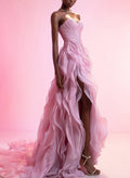 A-Line Sweetheart Sleeveless Court Train Organza/Matte Satin Prom Dresses