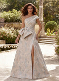 A-Line One-Shoulder Floor-Length Jacquard Evening Dresses With Floral-Print/Split Front/Bow(s)