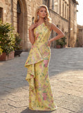 Sheath/Column One-Shoulder Sleeveless Floor-Length Satin Evening Dresses With Floral-Print/Ruffle