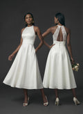 Elegant Halter Sleeveless A-Line Tea-Length Lace/Satin Cocktail Dresses With Pockets/Back Hole