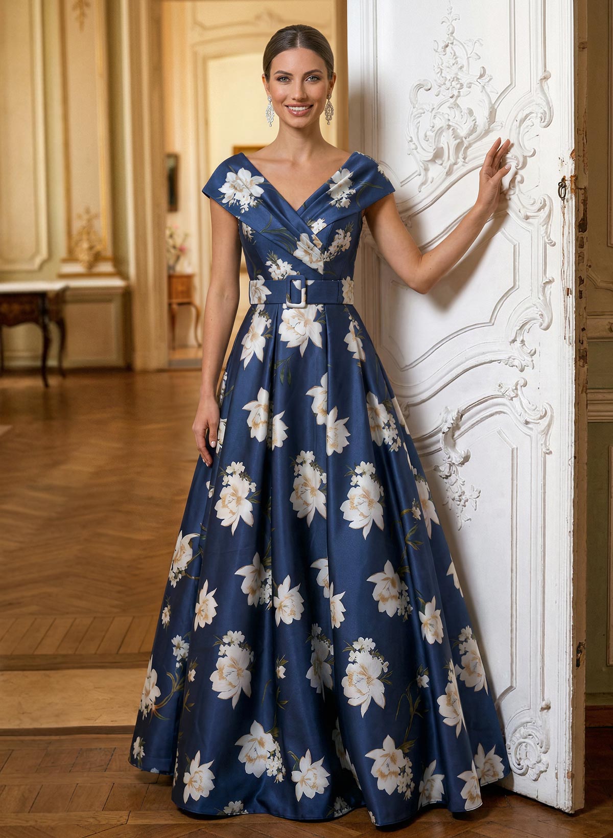 Floor-Length A-Line V-Neck Sleeveless Satin Mother Of The Bride Dresses With Floral-Print/Sash