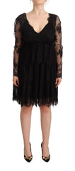 Women's Black Floral Lace Cotton Long Sleeves V-Neck Shift Dress