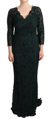 Women's Green Floral Lace Maxi Floor Length Dress Cotton