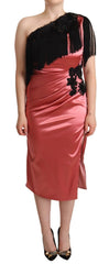 Women's Pink One-Shoulder Silk Tassel Fringe Gown Mid Dress