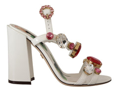 Women's White Leather Crystal Keira Heels Sandals Shoes
