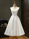 Elegant V-Neck Sleeveless A-Line Tea-Length Matte Satin Cocktail Dresses With Bow(s)