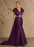 A-Line V-Neck Sleeveless Court Train Satin Evening Dresses With Rhinestone