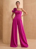 Jumpsuit/Pantsuit One-Shoulder Sleeveless Floor-Length Matte Satin Evening Dresses With Flower(s)
