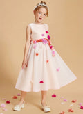 Tea-Length A-Line Scoop Neck Sleeveless Satin/Tulle Flower Girl Dresses With Flower(s)