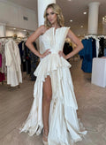 A-Line Sleeveless Sweep Train Prom Dresses With High Split
