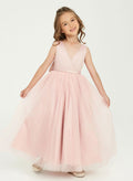 A-Line V-Neck Sleeveless Floor-Length Satin/Tulle Flower Girl Dresses With Bow(s)